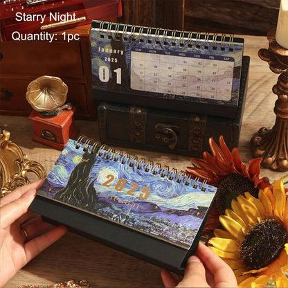 1 pc 2025 Vintage Painting Coil Desk Calendar With Memo Notes Tabletop Flip Schedule Monthly Calendar For Home Office School ALPENZO