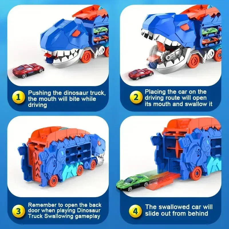 Transport Dinosaur Truck with Foldable Sliding Race Track Transforms into Standing T-rex Best Birthday Gifts Toys Boys Girls ALPENZO