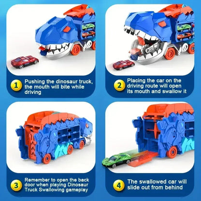 Transport Dinosaur Truck with Foldable Sliding Race Track Transforms into Standing T-rex Best Birthday Gifts Toys Boys Girls ALPENZO