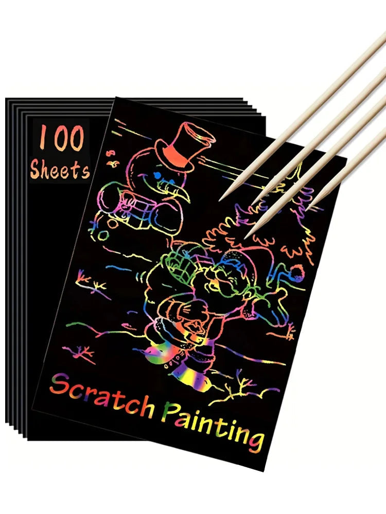 Scratch Paper Art - 100pcs Magic Scratch Off Craft Kit, Rainbow Scratch Magic Drawing Set Paper Pad Board Supply For Children ALPENZO