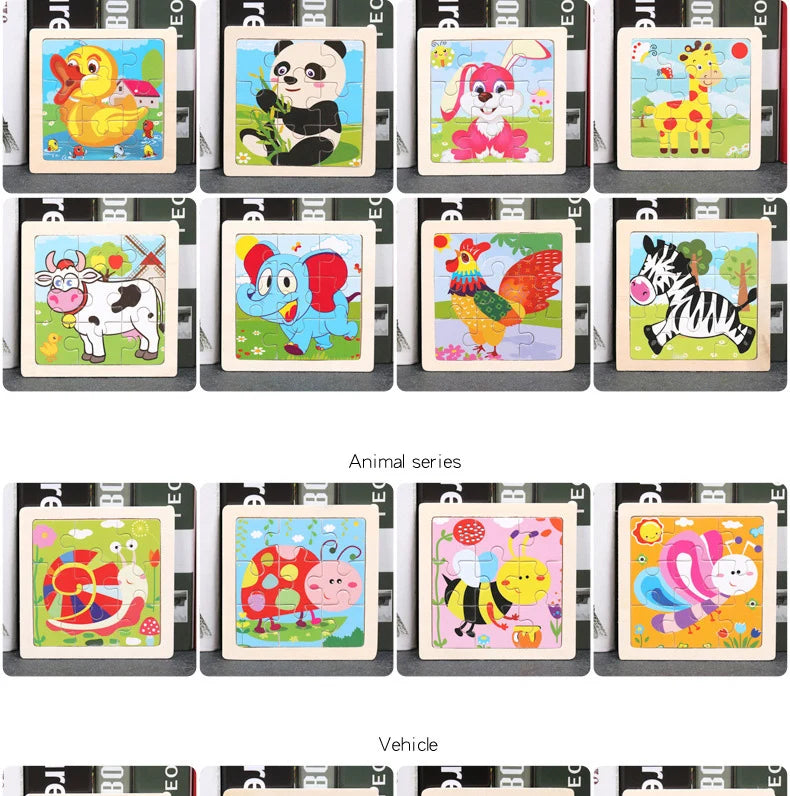 Hot Sale 11X11CM Kids Wooden Puzzle Baby Cartoon Animal Traffic Tangram Wood Puzzle Educational Jigsaw Toys For Children Gifts ALPENZO