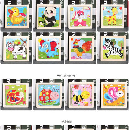 Hot Sale 11X11CM Kids Wooden Puzzle Baby Cartoon Animal Traffic Tangram Wood Puzzle Educational Jigsaw Toys For Children Gifts ALPENZO