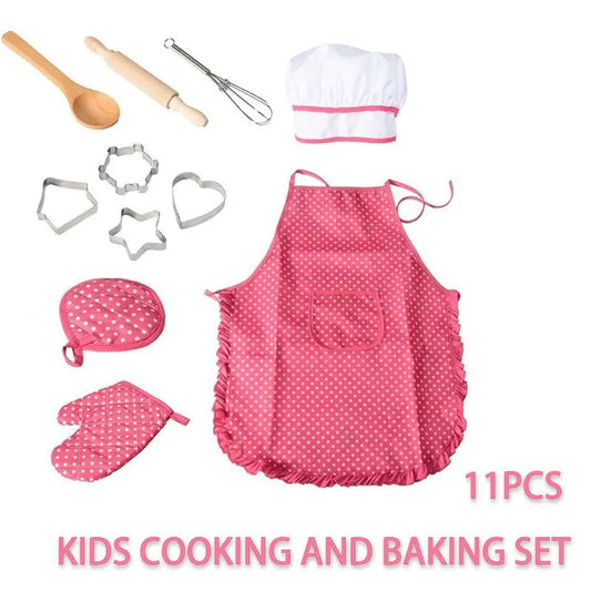 11PCS Kids Cooking Baking Set Chef Set, Includes Apron for Girls, Chef Hat, Mitt & Utensil Gifts for 3-10 Year Old Kids ALPENZO