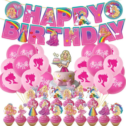 Barbie Birthday Party Supplies Pink Girl Disposable Tableware Banner Cupcake Topper Background Princess Balloons Gift Bag ALPENZO