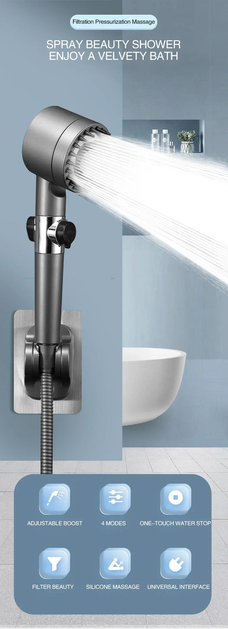 High Pressurized Filter Shower Head 3-mode Adjustable Spray with Massage Brush Rain Faucet Bathroom Accessories - ALPENZO