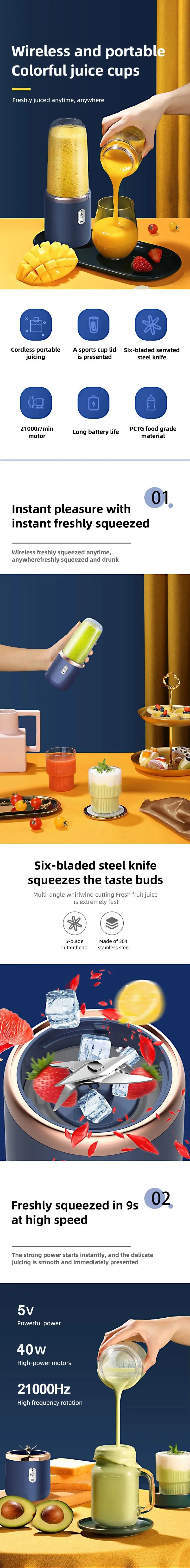 Portable Juicer Blender 400ml Electric Fruit Juicer USB Charging Lemon Orange Fruit Juicing Cup Smoothie Blender Machine 2cups - ALPENZO