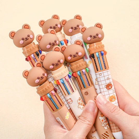 10 Colors Ballpoint Pen Cartoon Bear 0.5mm Colorful Ink Gel Pens Silicone Kawaii Pens School Office Supplies Korean Stationery ALPENZO