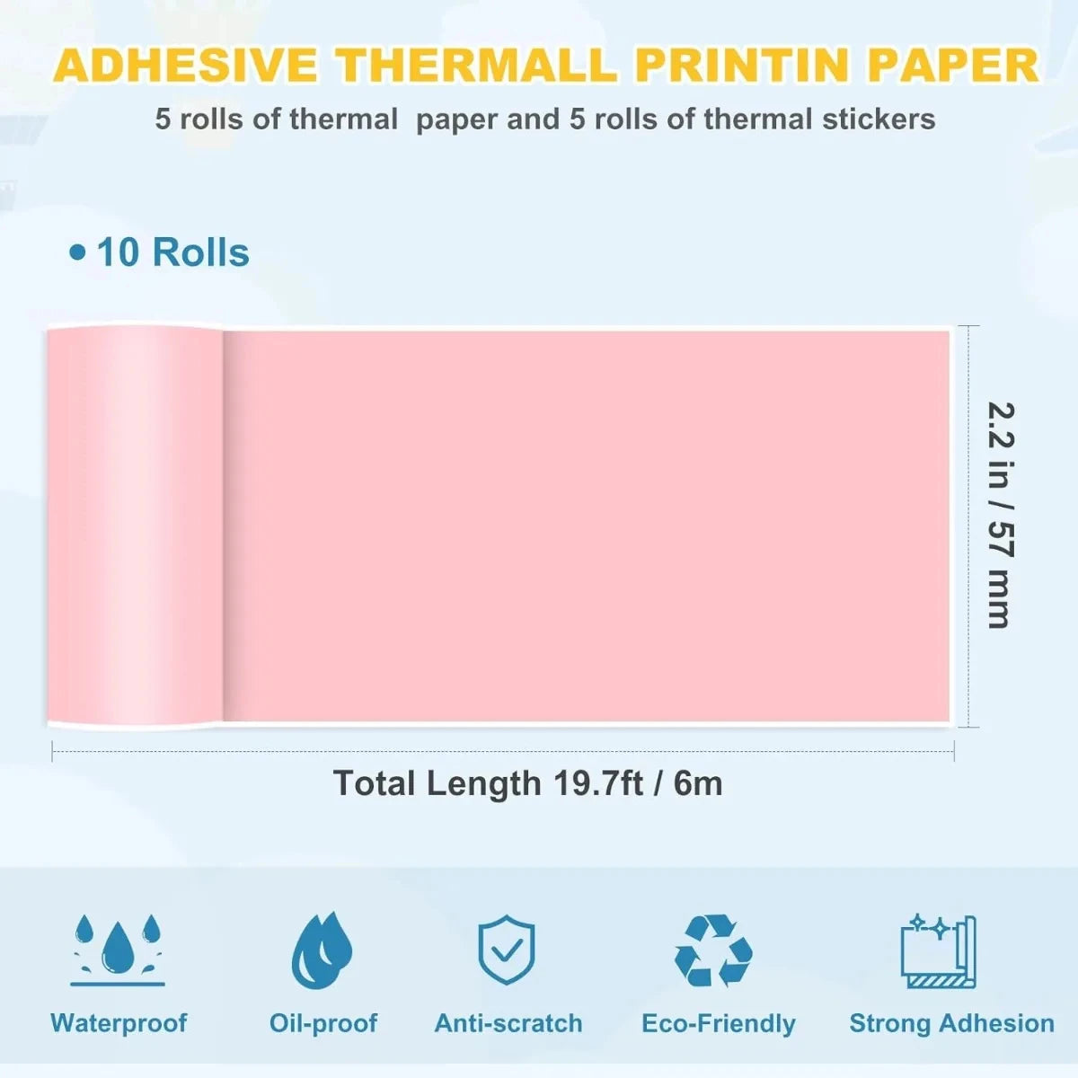 Thermal Printer Paper Rolls for Mini 10 Rolls 2.2in x 19ft  Pocket Printer White Colors Sticky Receipt Paper Rolls POS Papers ALPENZO