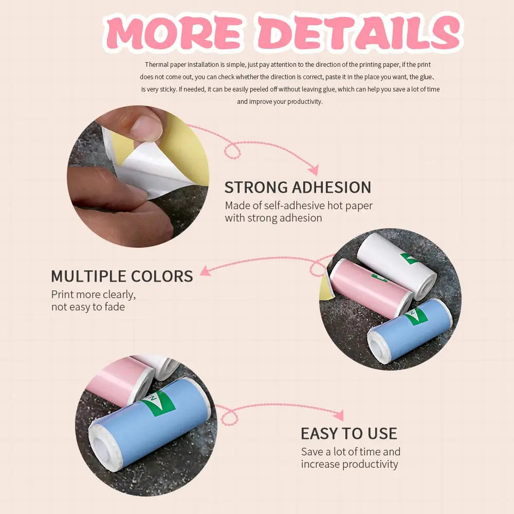 HD Mini Printer Thermal Paper 57*25MM Self-adhesive Roll Paper Label Sticker Photo Inkless Printing Portable Printer Color Paper - ALPENZO