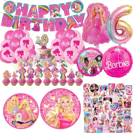 Barbie Birthday Party Supplies Pink Girl Disposable Tableware Banner Cupcake Topper Background Princess Balloons Gift Bag ALPENZO