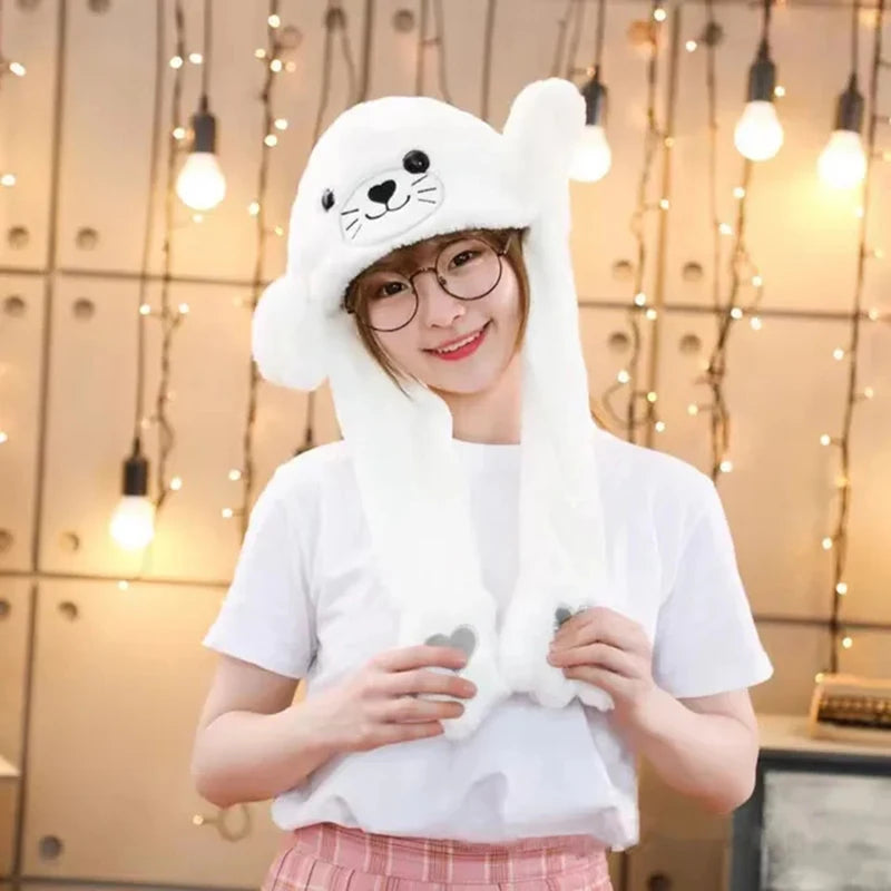 Cartoon Bunny Ear Move Hat Jumping up Toys Rabbit Girls Animal Plush Costume Cosplay Cap Kids Party for Adult Funny Anime Hat ALPENZO