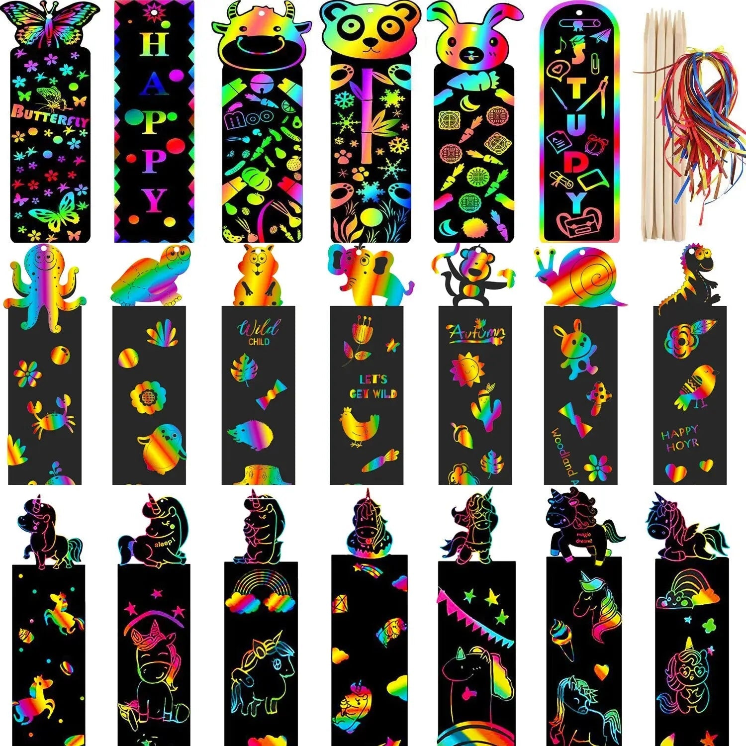 24Pcs Animal DIY Toys Scratching Painting Paper Alien Scratching Painting Colorful Scratching Paper For Kids ALPENZO