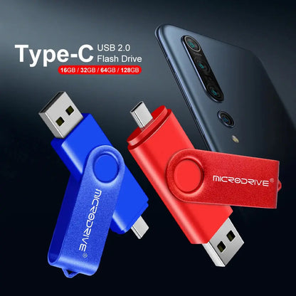 Metal USB Flash Drive 128GB 64GB 32GB High Speed 16GB 8GB Pen Drive Smart Phone  OTG  2 IN 1 Memoria Usb Stick Type C Usb 2.0 - ALPENZO