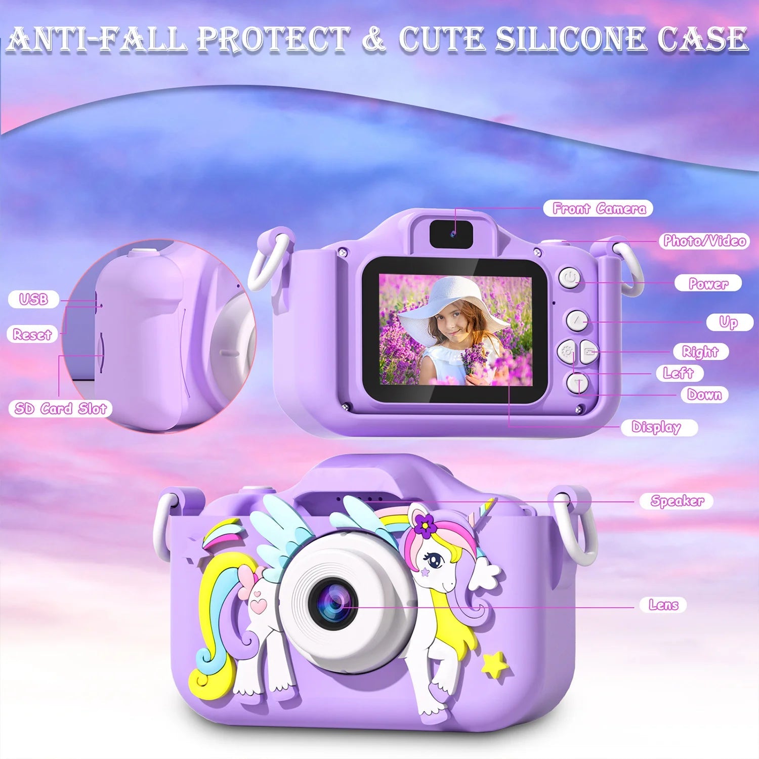 Kids Mini Camera Cartoon Unicorn Toys for Girls Boys Birthday Gifts 1080P HD 2inch Screen With 32G SD Card Record Life Camera ALPENZO