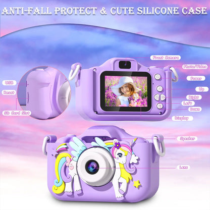 Kids Mini Camera Cartoon Unicorn Toys for Girls Boys Birthday Gifts 1080P HD 2inch Screen With 32G SD Card Record Life Camera ALPENZO