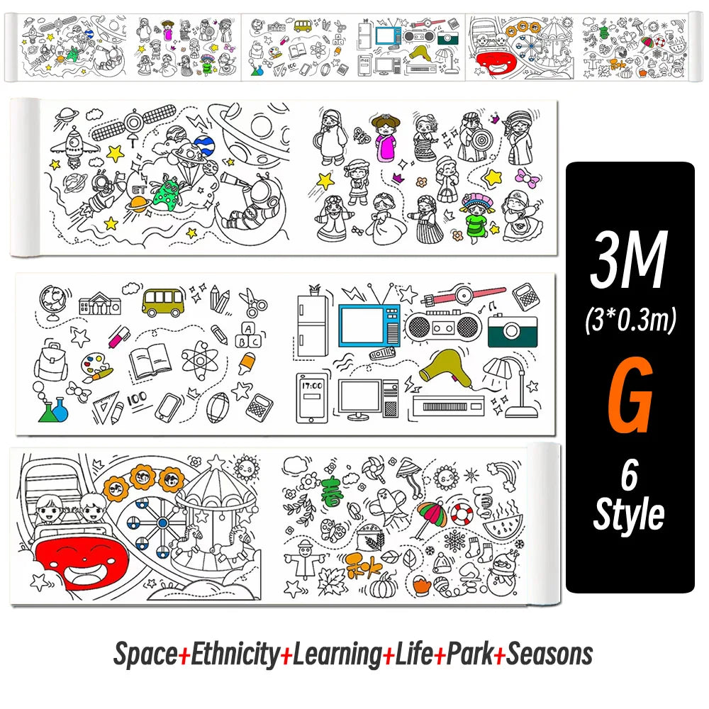 0.9/3M Space Food Animal Canvas Children's Drawing Roll DIY Coloring Paper Roll Color Filling Graffiti Paper-cut Painting School ALPENZO