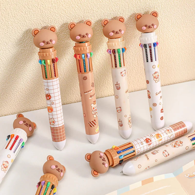 10 Colors Ballpoint Pen Cartoon Bear 0.5mm Colorful Ink Gel Pens Silicone Kawaii Pens School Office Supplies Korean Stationery ALPENZO