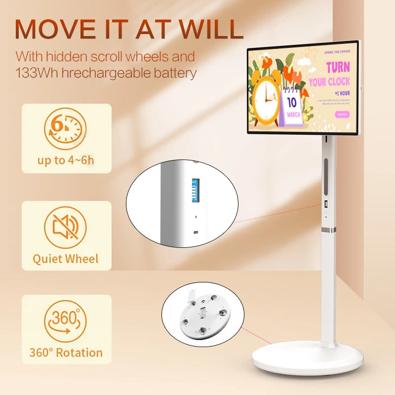 TouchWo Standby me 27 32 inch Moving Smart portable Television Monitor Touch Screen Rolling Rechargeable Tv Stand On Wheels - ALPENZO
