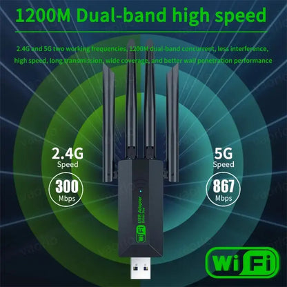 Original 4 Antennas 1200Mbps WiFi USB 3.0 Adapter 2.4G/5GHZ Dual Band WiFi Dongle Wireless Network Card 802.11AX For Win 10/11 - ALPENZO