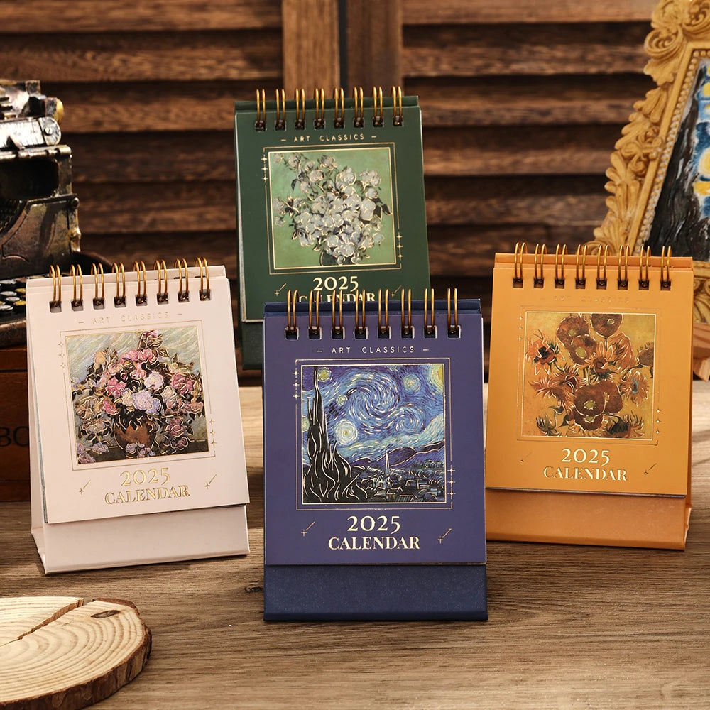 1 pc 2025 Vintage Mini Bronzing Painting Desk Calendar Tabletop Flip Monthly Calendar Student Notepad Schedule Planner Calendar ALPENZO