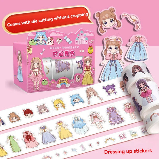 1box Cute Princess Dress Up Sticker Girl Cartoon Washi Tape Set Cute Children's Handbook Character Clothes Decoration Sticker ALPENZO