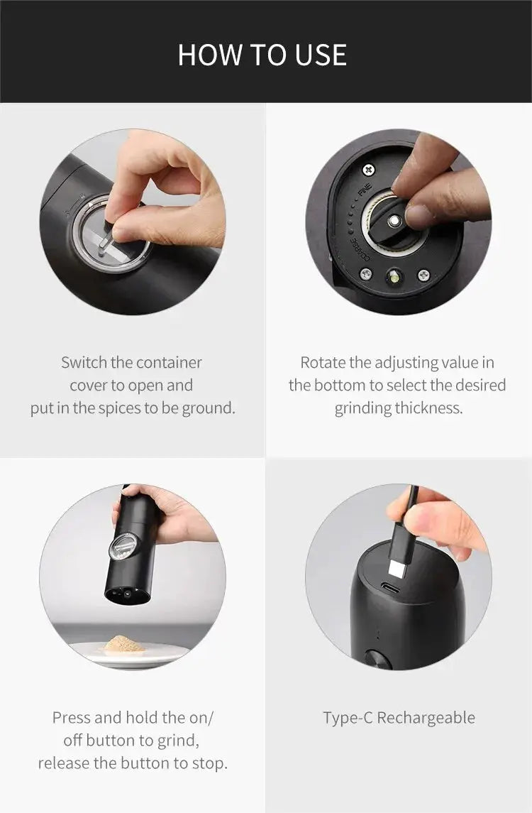Rechargeable USB Electric Automatic Salt and Pepper Grinder Set Gravity Spice Mill Adjustable Spices Grinder Kitchen Tools - ALPENZO