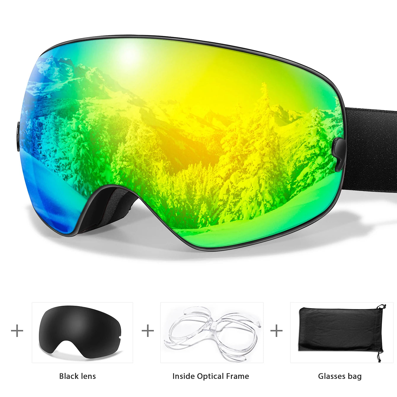 Ourdoor Sports Teen Men Women Ski Goggles-Anti-fog UV400 Eyewear, Christmas and New Year Gift, Free Black Lens and Optical Frame