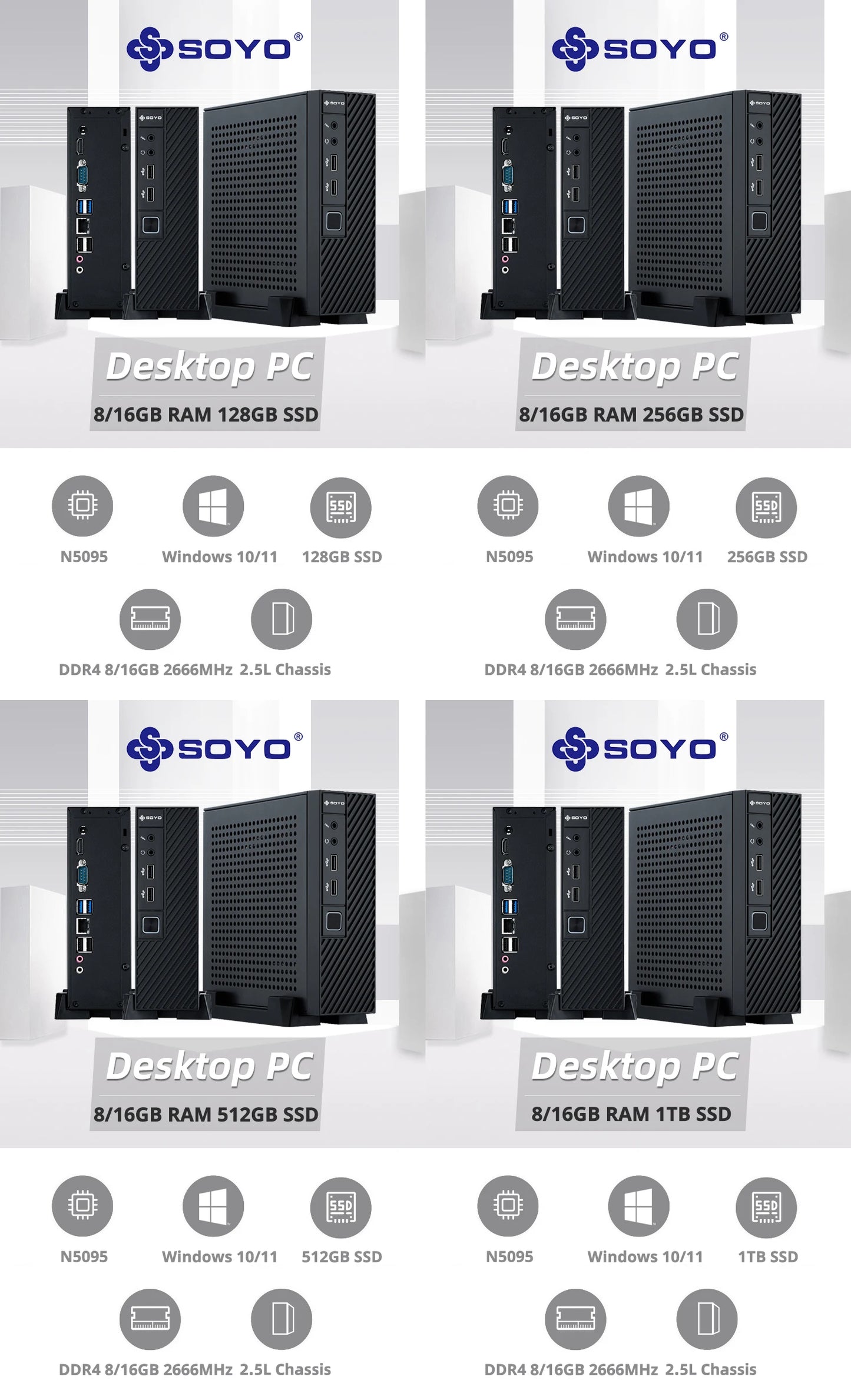 SOYO New Mini PC N5095 Intel 11th 8GB 16GB DDR4 M.2 256GB 512GB 1TB SSD Windows11/10 4K 60Hz HDMI VGA Office Gaming Computer - ALPENZO