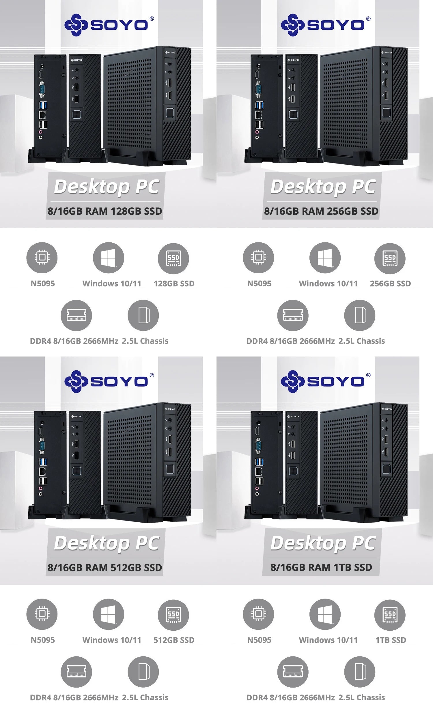SOYO New Mini PC N5095 Intel 11th 8GB 16GB DDR4 M.2 256GB 512GB 1TB SSD Windows11/10 4K 60Hz HDMI VGA Office Gaming Computer - ALPENZO