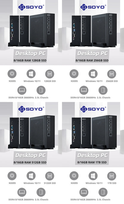 SOYO New Mini PC N5095 Intel 11th 8GB 16GB DDR4 M.2 256GB 512GB 1TB SSD Windows11/10 4K 60Hz HDMI VGA Office Gaming Computer - ALPENZO