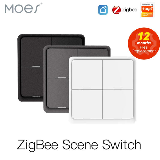 MOES 4 Gang Tuya ZigBee Wireless 12 Scene Switch Push Button Controller Battery Powered Automation Scenario for Tuya Devices - ALPENZO