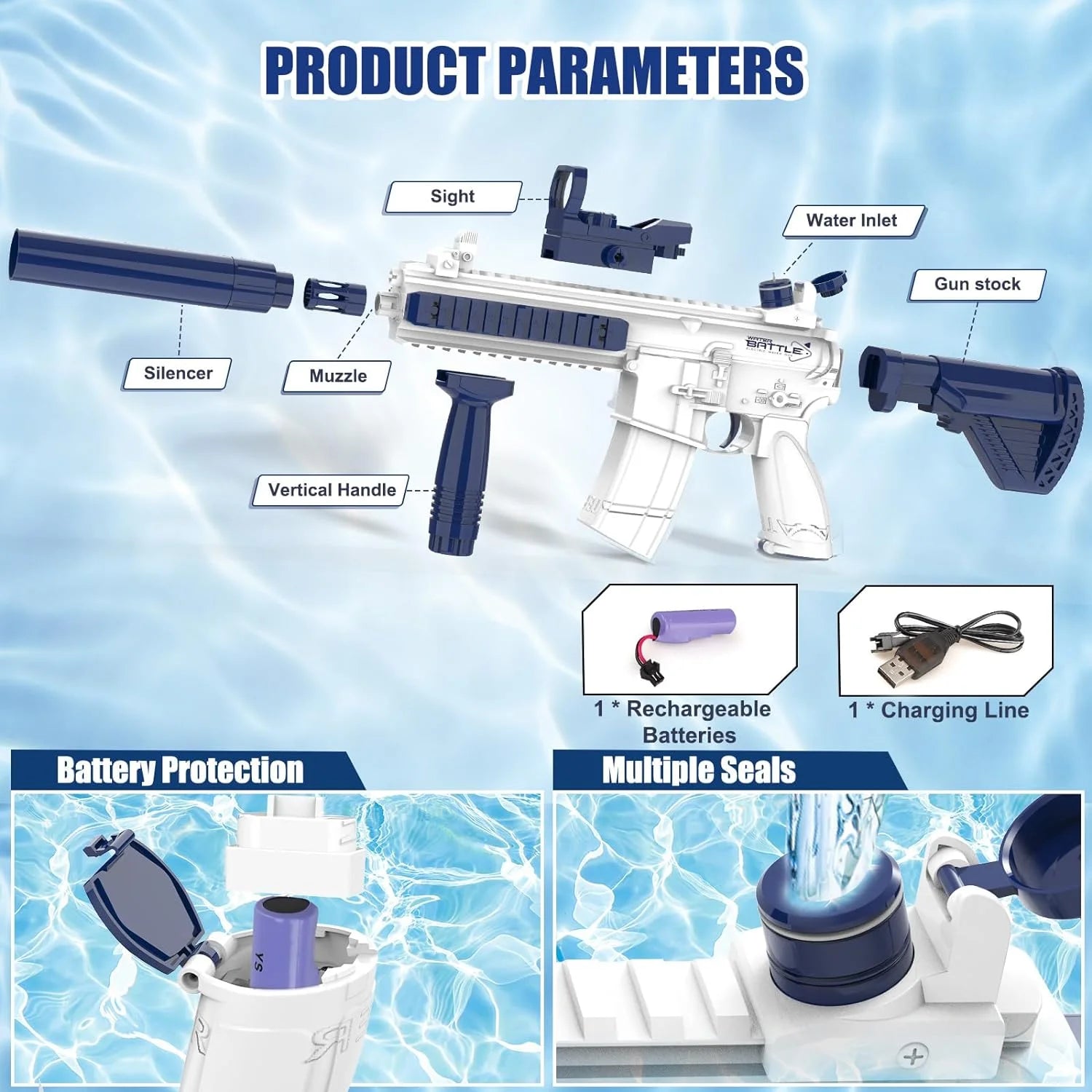 Unilabo M416 Electric Water Gun - Battery Powered With External Water Bottle Attachment - Perfect For Kids & Adults Outdoor Fun ALPENZO