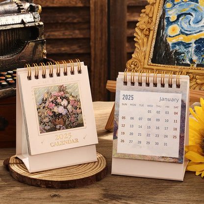 1 pc 2025 Vintage Mini Bronzing Painting Desk Calendar Tabletop Flip Monthly Calendar Student Notepad Schedule Planner Calendar ALPENZO