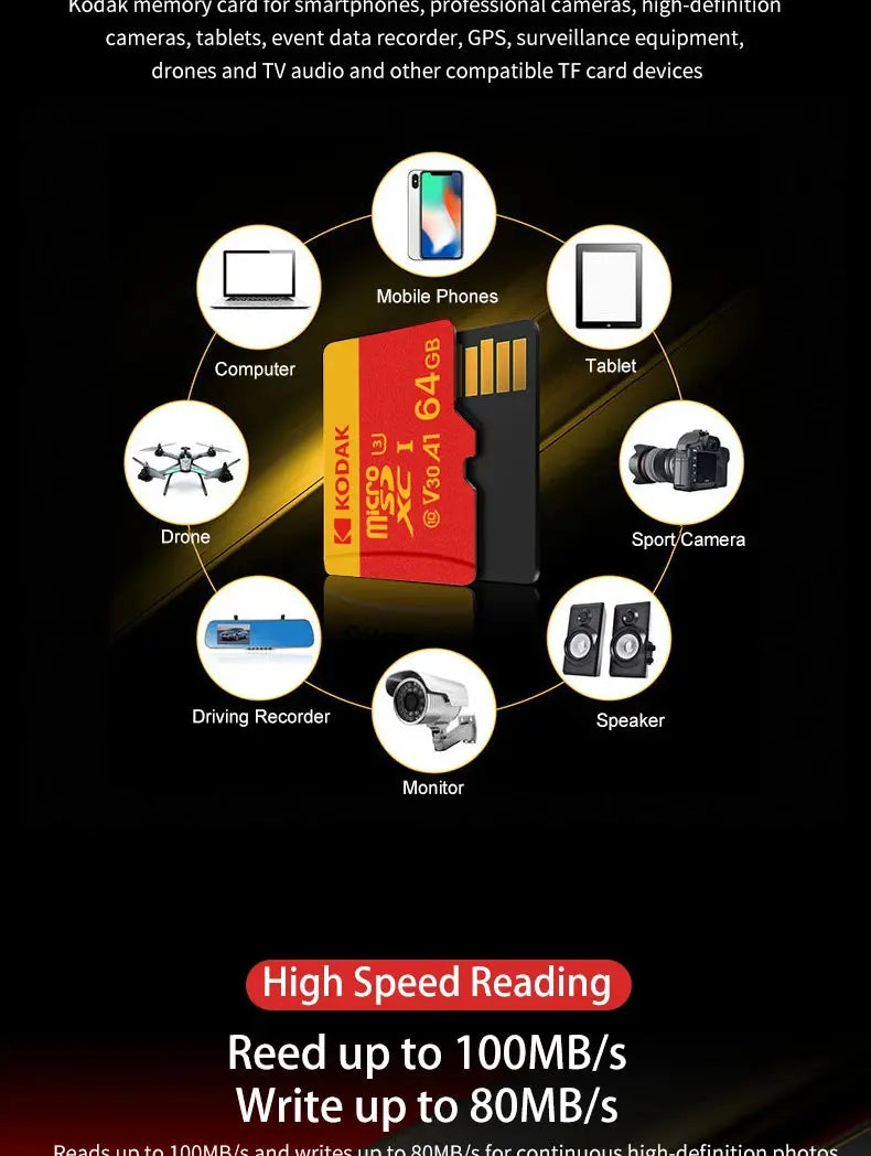 KODAK MicroSD Card Red Memory Card Class10 32GB 64GB 128GB 256GB U3 4K High Speed Flash Memory TF Flash Cards for Phone - ALPENZO