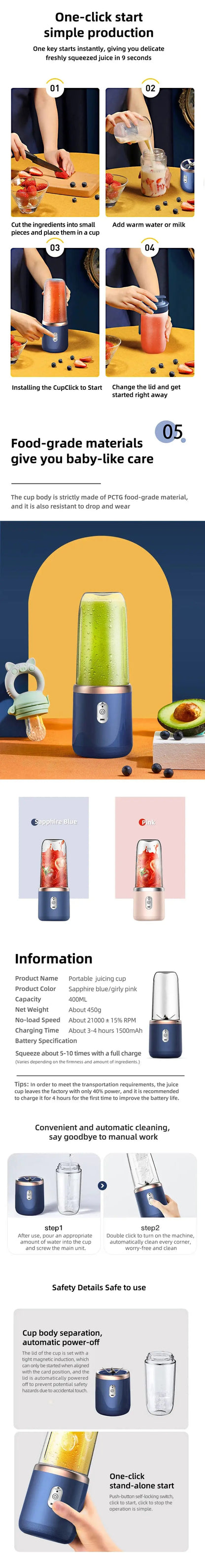 Portable Juicer Blender 400ml Electric Fruit Juicer USB Charging Lemon Orange Fruit Juicing Cup Smoothie Blender Machine 2cups - ALPENZO