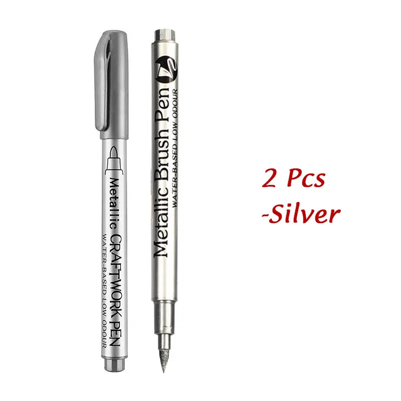 1/2Pcs Brush Metallic Marker Pens Gold Silver Permanent Art Markers Crafts Scrapbooking Painting Stationery School Supplies ALPENZO