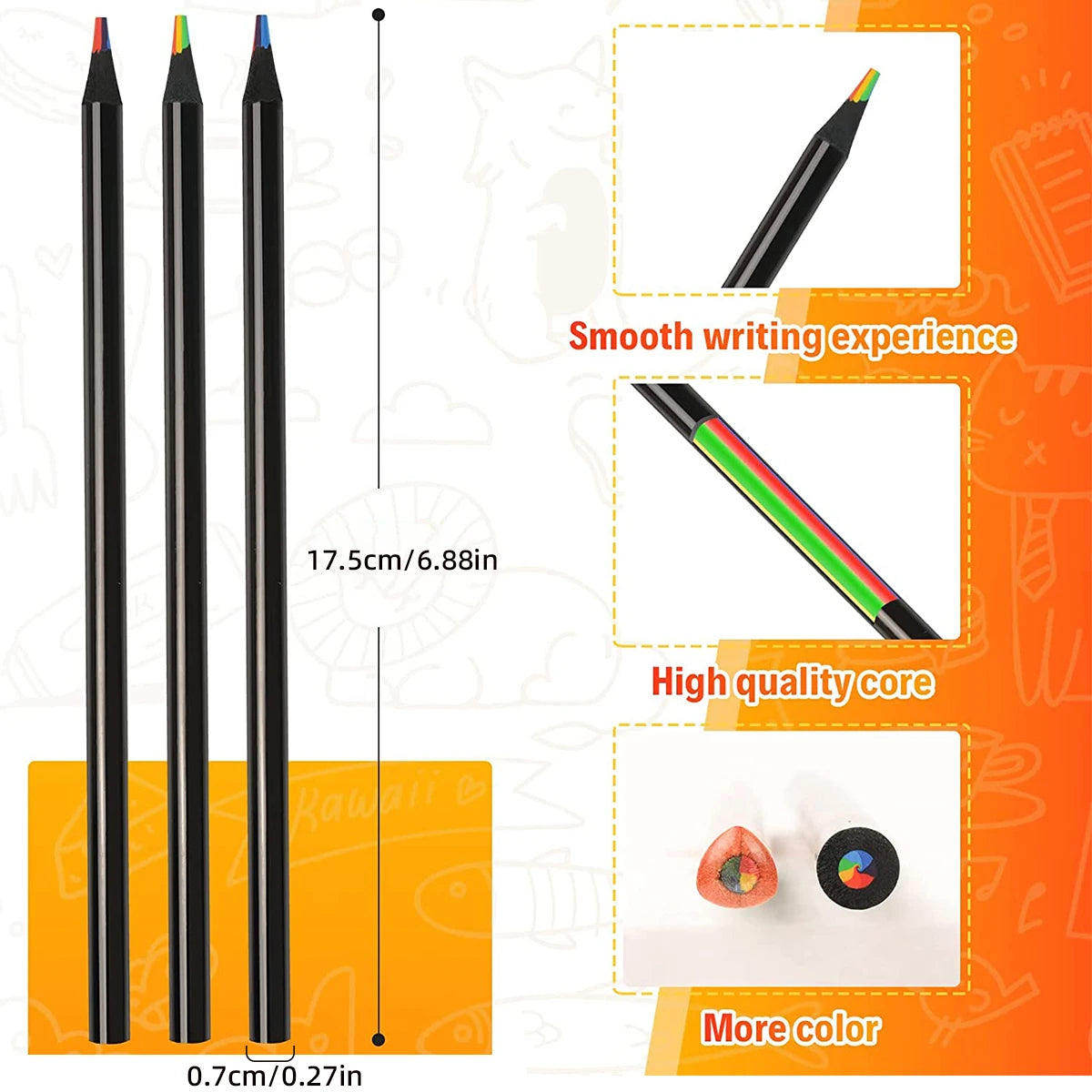 10 Pcs Colored Black Wood Pencils, 7 in 1 Rainbow Drawing Pencil. for Sketching, Doodling, Coloring, Painting ALPENZO