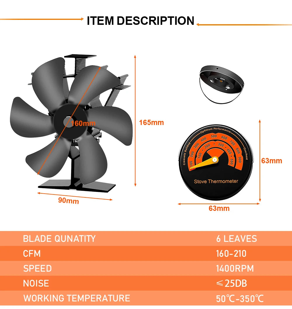Heat Powered Stove Fan Eco Quiet Black 6 Blades Log Wood Burner Fireplace Fan Winter Warmer Home Efficient Heat Distribution - ALPENZO