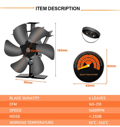 Heat Powered Stove Fan Eco Quiet Black 6 Blades Log Wood Burner Fireplace Fan Winter Warmer Home Efficient Heat Distribution - ALPENZO