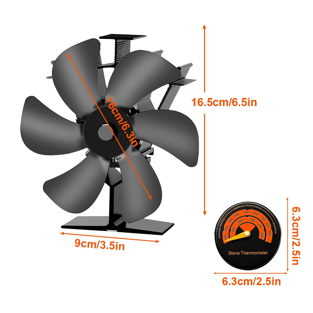 Heat Powered Stove Fan Eco Quiet Black 6 Blades Log Wood Burner Fireplace Fan Winter Warmer Home Efficient Heat Distribution - ALPENZO