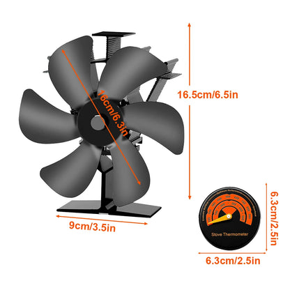 Heat Powered Stove Fan Eco Quiet Black 6 Blades Log Wood Burner Fireplace Fan Winter Warmer Home Efficient Heat Distribution - ALPENZO