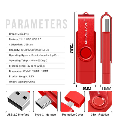 Metal USB Flash Drive 128GB 64GB 32GB High Speed 16GB 8GB Pen Drive Smart Phone  OTG  2 IN 1 Memoria Usb Stick Type C Usb 2.0 - ALPENZO