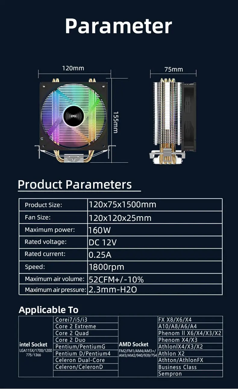 TEUCER CPU Cooler 4 Heat Pipes PC Radiator Cooling 3PIN PWM Silent Rgb Fan For Intel 1700 1150 1155 1156 1366 AM2/AM3/AM4 AMD - ALPENZO