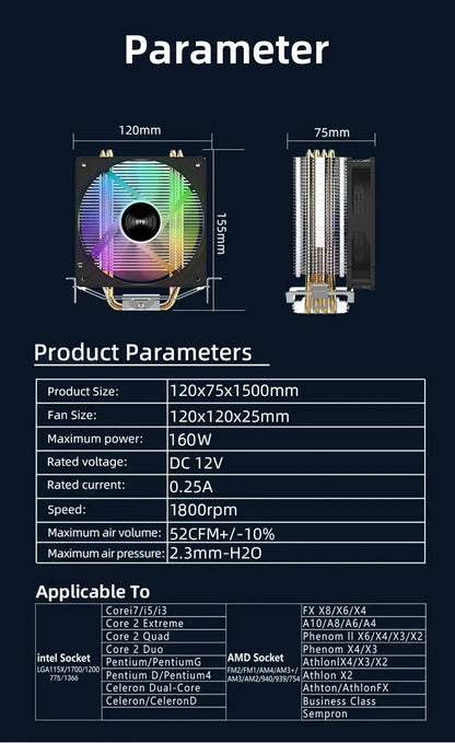 TEUCER CPU Cooler 4 Heat Pipes PC Radiator Cooling 3PIN PWM Silent Rgb Fan For Intel 1700 1150 1155 1156 1366 AM2/AM3/AM4 AMD - ALPENZO