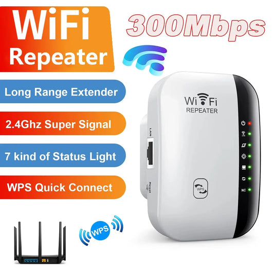 Wireless WiFi Repeater 300Mbps WiFi Extender Amplifier Booster Router 802.11N WPS Long Range 7 Status Light WiFi Repeater for PC - ALPENZO