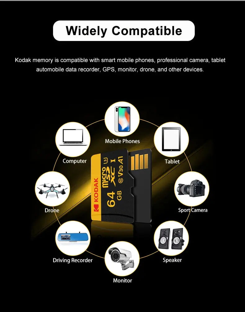Kodak Micro SD Card Memory Card Class 10 32GB 64GB 128GB 256GB U3 4K High Speed Cartao De Memoria Flash Memory TF Mecard C10 - ALPENZO