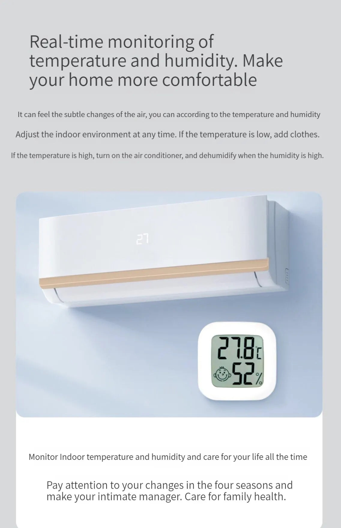 Humidity sensor, indoor thermometer, hygrometer, temperature and humidity monitor, with LCD display screen, displaying Celsius t - ALPENZO