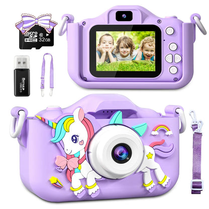 Kids Mini Camera Cartoon Unicorn Toys for Girls Boys Birthday Gifts 1080P HD 2inch Screen With 32G SD Card Record Life Camera ALPENZO