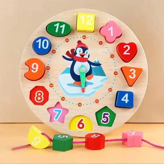 Wooden Number Blocks Puzzle Shape Color Sorting Clock Montessori Toys for Kids Early Education Penguin Patterns Time Learning ALPENZO