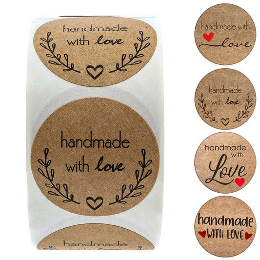 100-500pcs 1inch Vintage Kraft Paper Handmade With Love Stickers for Package Thank You Stationery Adhesive Labels Baking Seals ALPENZO